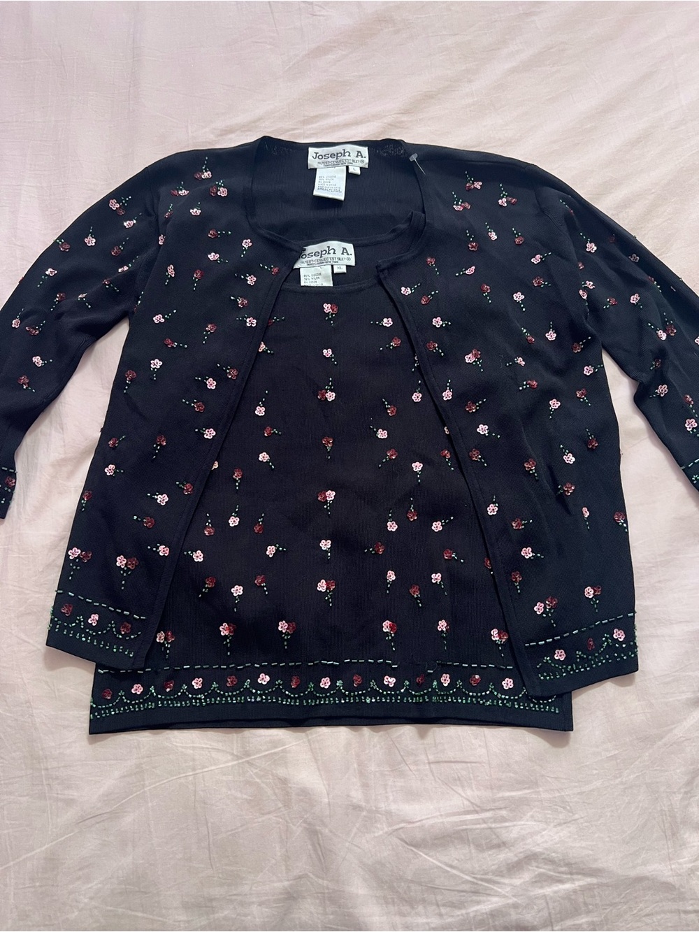 Joseph A Black Floral Beaded Floral Cardigan Sweater Set